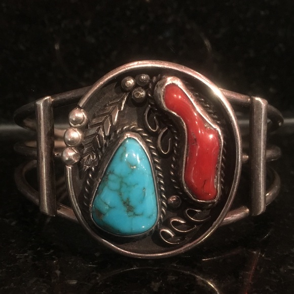 Navajo Sterling Turquoise Real Red  Coral Cuff - Picture 1 of 14